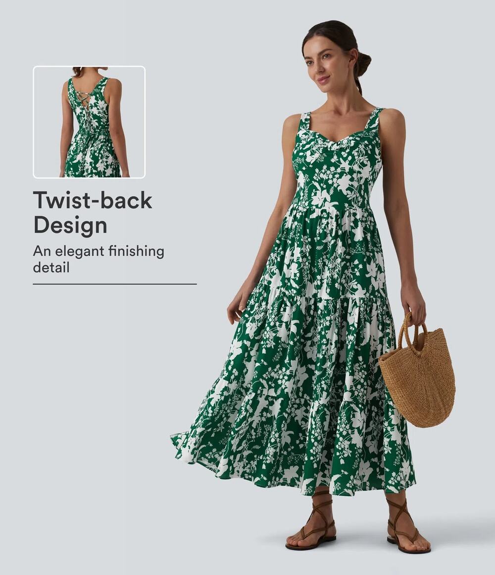 Halara Midnight Foliage Boho Cottage Floral Sweetheart Lace-up Maxi Resort L